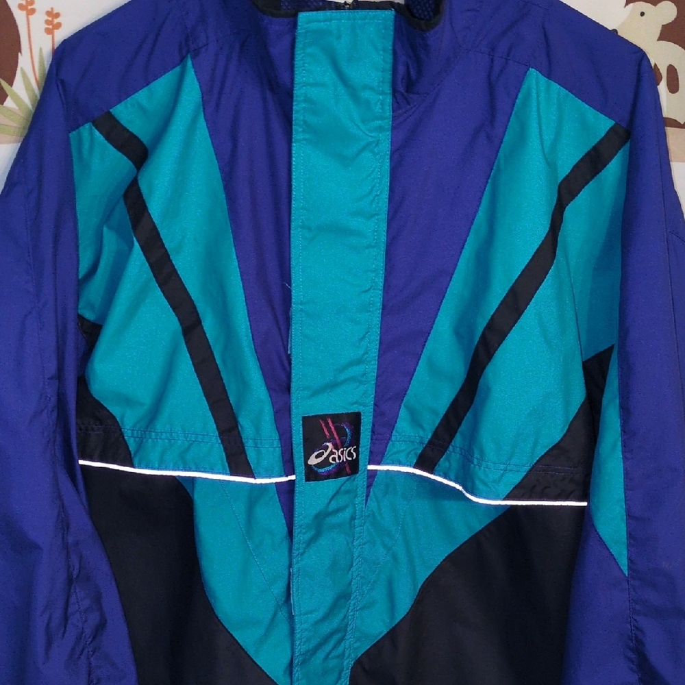 Asics Blue and Green Windbreaker with Color-Block Design